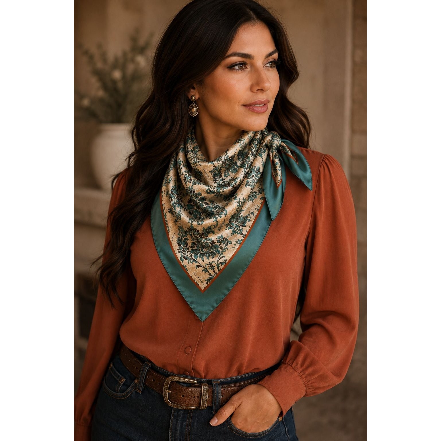 Teal Rust Damask Wild Rag Scarf 35x35 Satin Polyester Western Cowgirl
