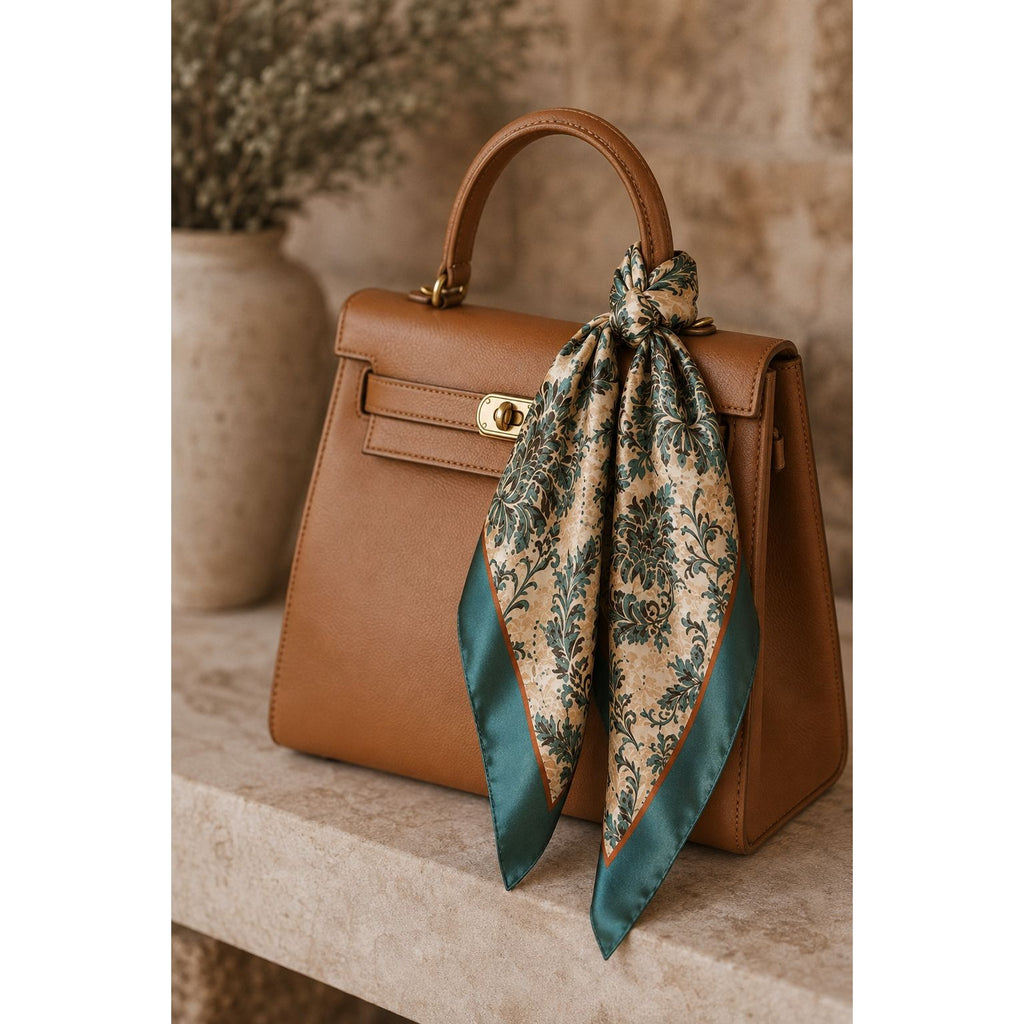 Teal Rust Damask Wild Rag Scarf 35x35 Satin Polyester Western Cowgirl