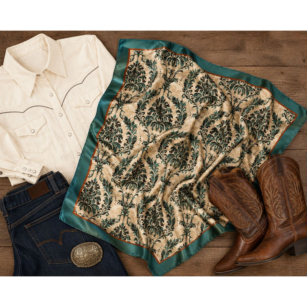 Teal Rust Damask Wild Rag Scarf 35x35 Satin Polyester Western Cowgirl